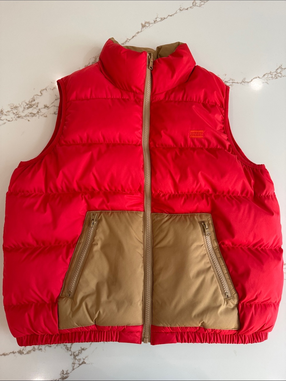 Adult Coral/Red & Gold/Tan Reversible Puffer Vest - Premium Warmth NWOT